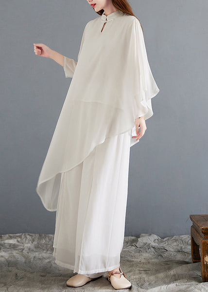 New White Asymmetrical Button Chiffon Sets 2 Pieces Half Sleeve OP1014 Ada Fashion