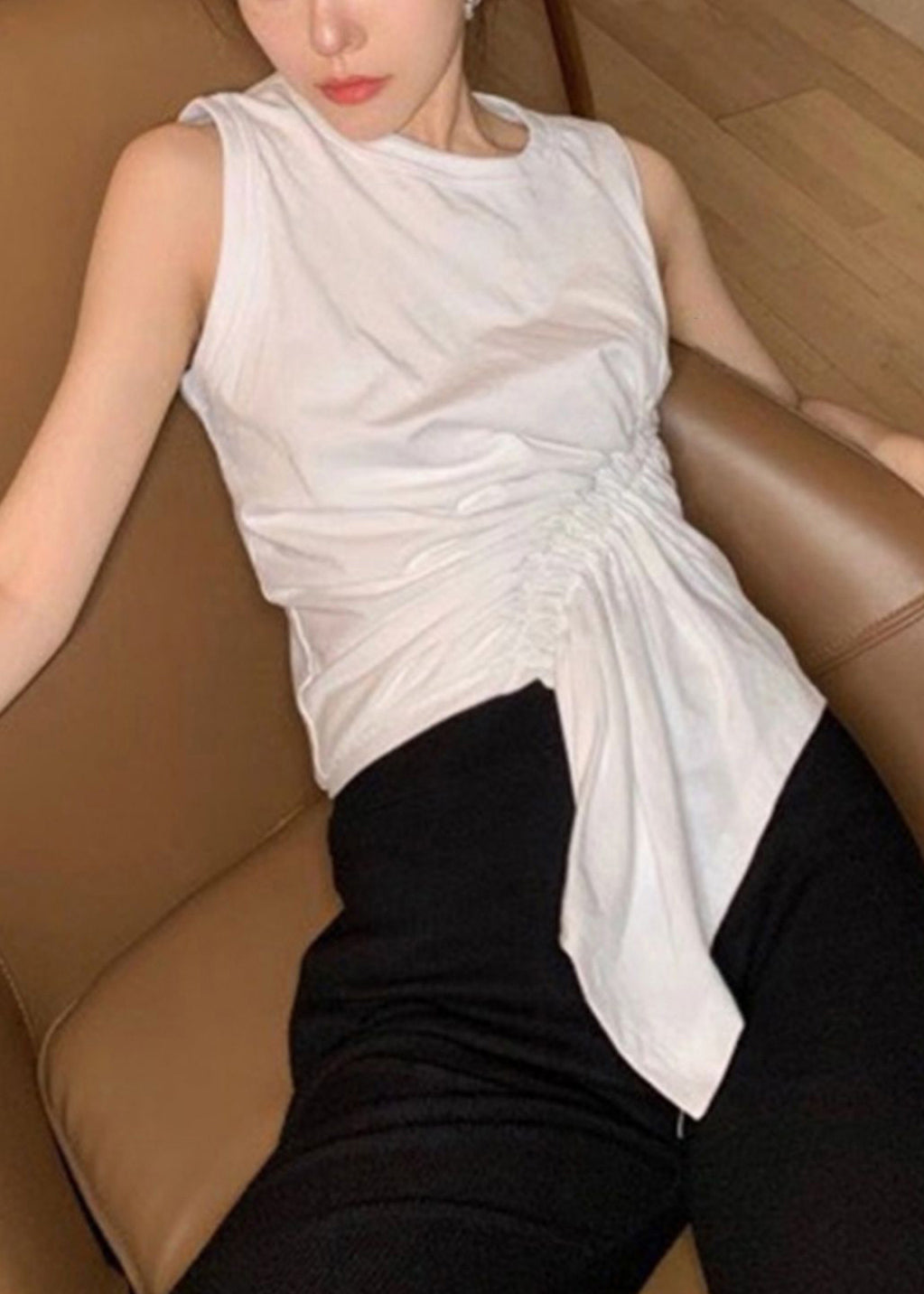 White Sleeveless Cotton Tank New Cinched Asymmetrical FashionChic