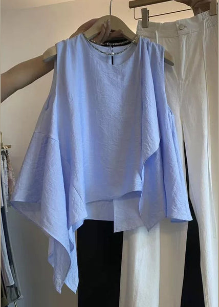 Shirts Sleeveless Neck O Cotton New White Asymmetrical FashionChic