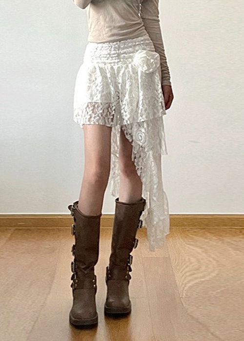 New White Asymmetrical High Waist Lace Skirts Summer KK084 SH-LF-SKTS240602