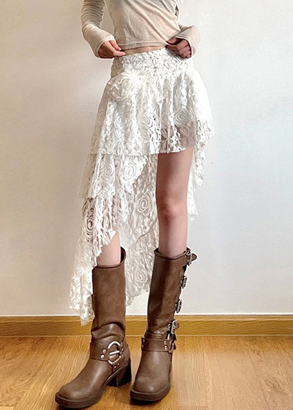 New White Asymmetrical High Waist Lace Skirts Summer KK084 SH-LF-SKTS240602