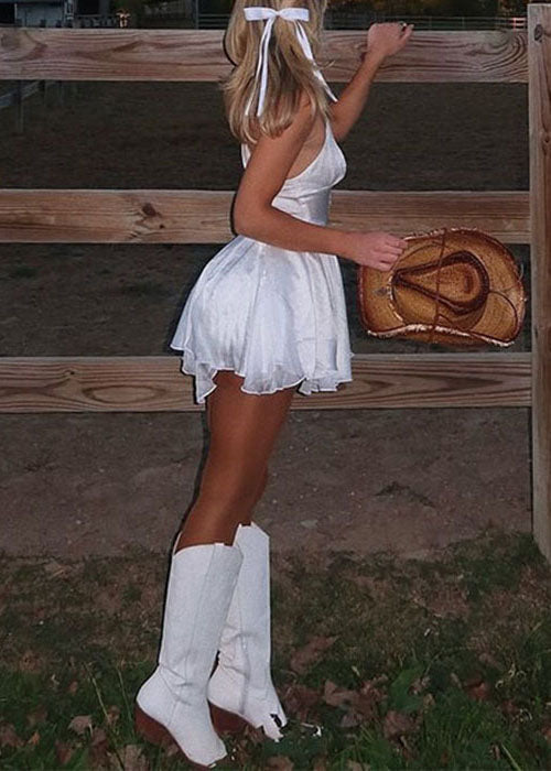 White New Dresses Up Lace Backless Solid Sleeveless Cotton Mini FashionChic