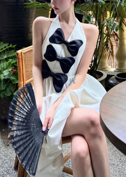 New White Bow Backless Cotton Mid Dress Sleeveless XX087 SH-LF-SDM240611