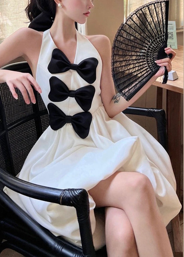 New White Bow Backless Cotton Mid Dress Sleeveless XX087 SH-LF-SDM240611