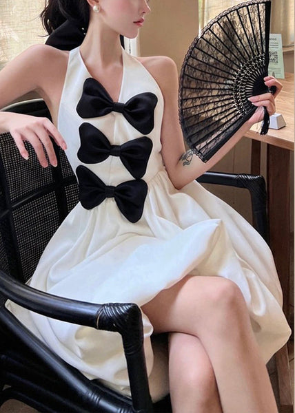 New White Bow Backless Cotton Mid Dress Sleeveless XX087 SH-LF-SDM240611