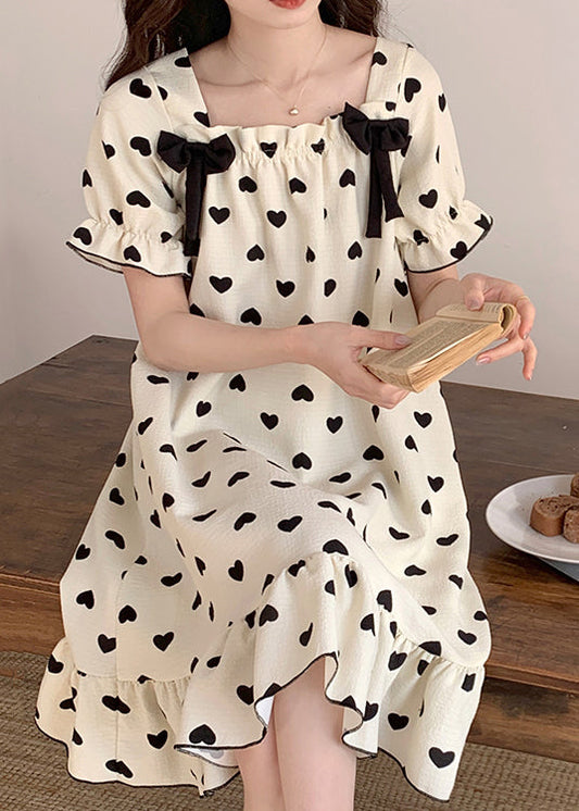 New White Bow Loving Heart Cotton Pajamas Long Dress Summer YK020 ABC