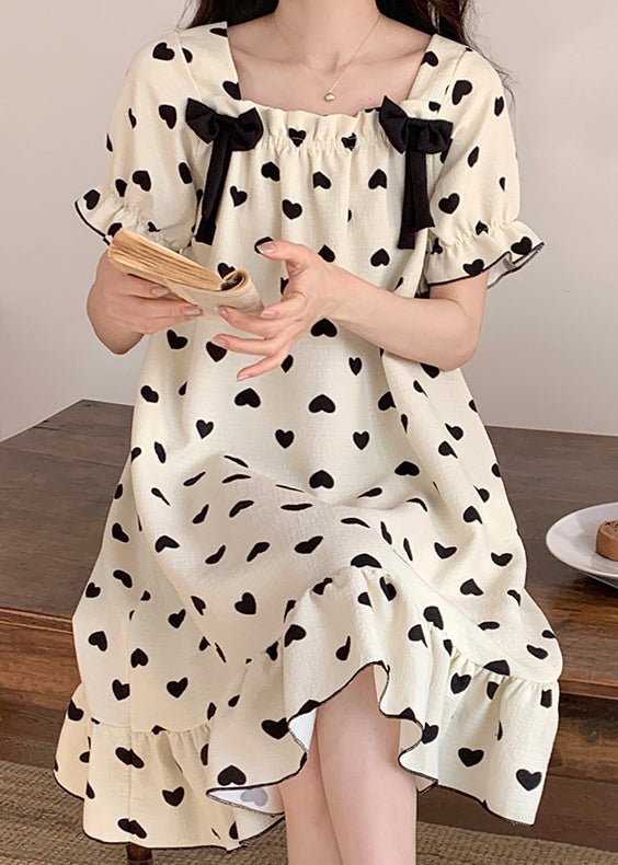 New White Bow Loving Heart Cotton Pajamas Long Dress Summer YK020 ABC