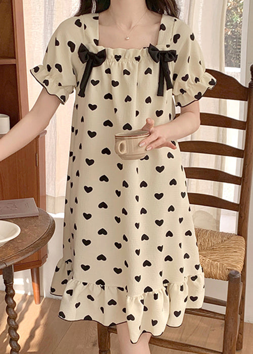 New White Bow Loving Heart Cotton Pajamas Long Dress Summer YK020 ABC