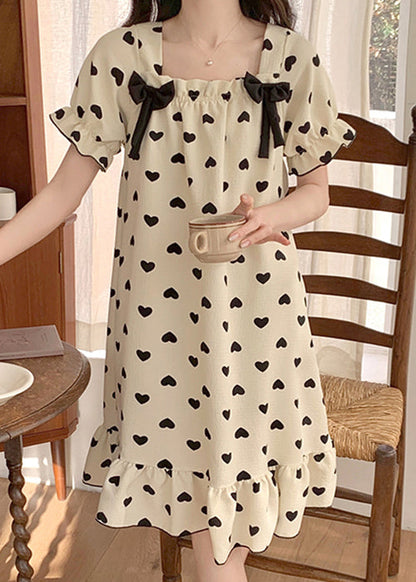 New White Bow Loving Heart Cotton Pajamas Long Dress Summer YK020 ABC