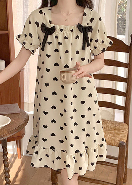 New White Bow Loving Heart Cotton Pajamas Long Dress Summer YK020 ABC