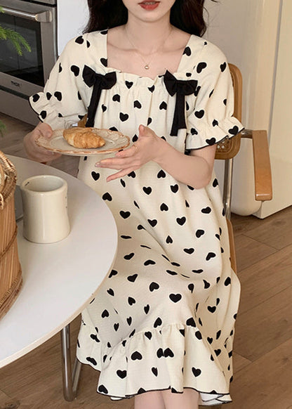 New White Bow Loving Heart Cotton Pajamas Long Dress Summer YK020 ABC