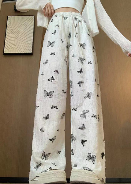 New White Butterfly Hollow Out Elastic Waist Cotton Pants Summer AB1003 Genistyle Shop