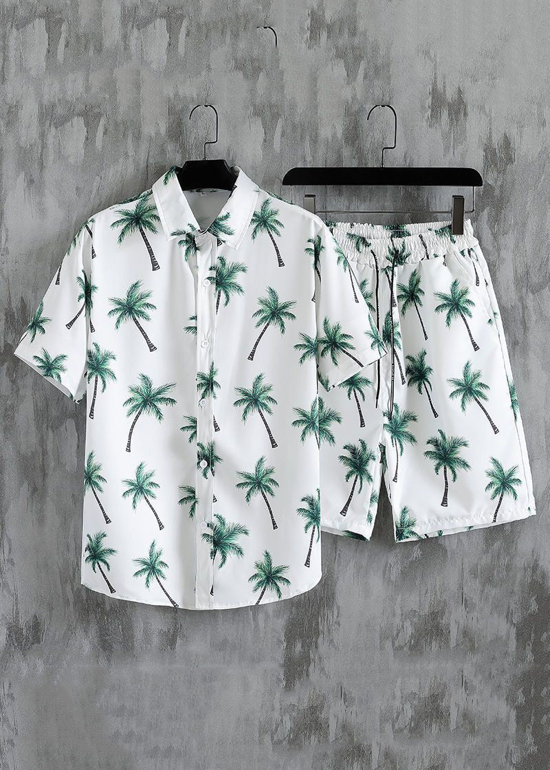 New White Button Print Elastic Waist Cotton Men Two Pieces Set Summer HG062 Men-Silk-MENTS240725