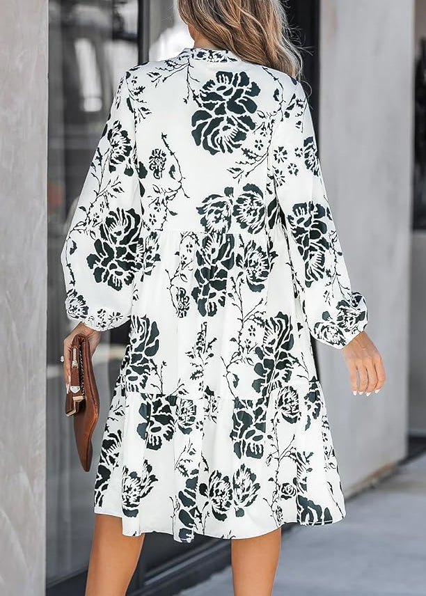 New White Button Print High Waist Cotton Dresses Long Sleeve AU1012 OM-ZS240902