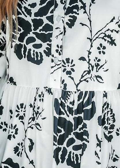 New White Button Print High Waist Cotton Dresses Long Sleeve AU1012 OM-ZS240902