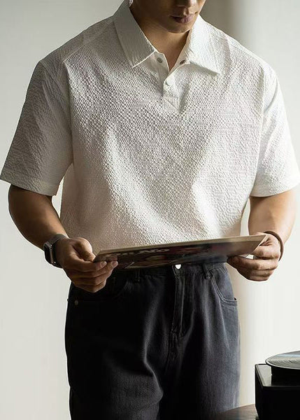 White Mens Shirts New Button Summer Solid Polo Cotton FashionChic