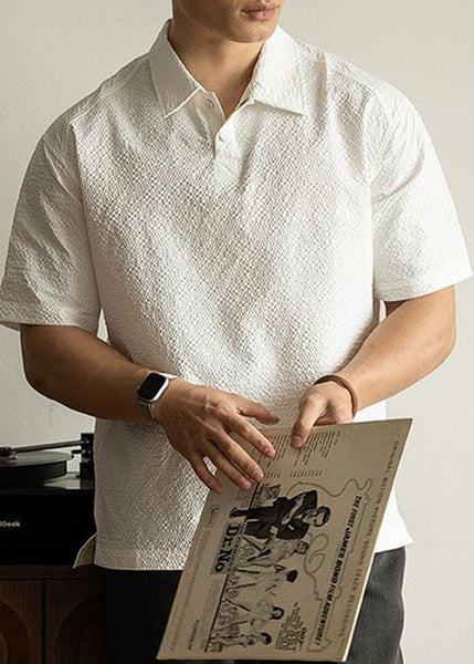 White Mens Shirts New Button Summer Solid Polo Cotton FashionChic