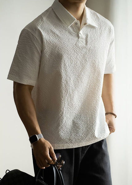 White Mens Shirts New Button Summer Solid Polo Cotton FashionChic