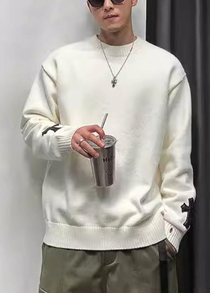 New White Cross Solid Cozy Knit Sweaters Men Fall QH037 MENSW241019