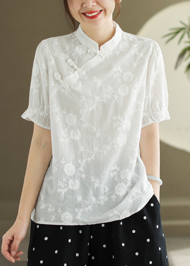 New White Embroidered Button Cotton Blouse Summer RE009 MZF-STP240807