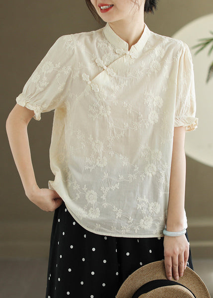 New White Embroidered Button Cotton Blouse Summer RE009 MZF-STP240807