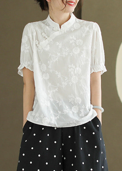 New White Embroidered Button Cotton Blouse Summer RE009 MZF-STP240807