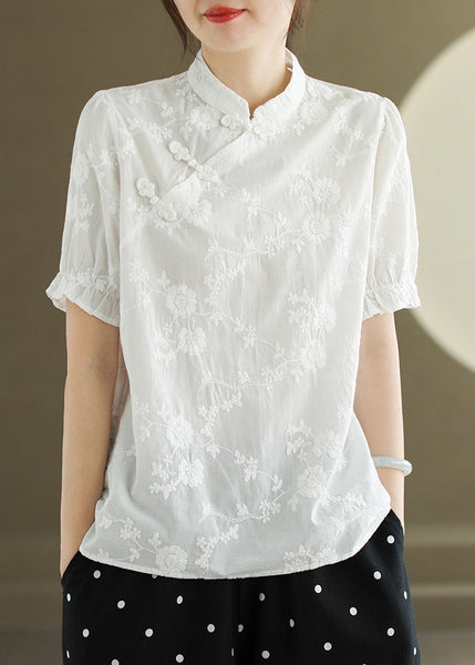 New White Embroidered Button Cotton Blouse Summer RE009 MZF-STP240807