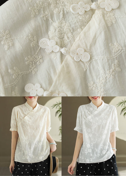 New White Embroidered Button Cotton Blouse Summer RE009 MZF-STP240807