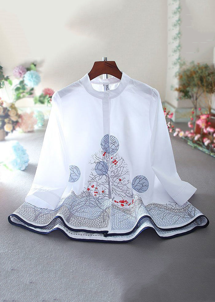 New White Embroidered Button Cotton Shirt Bracelet Sleeve VV020 HS-HTP240627