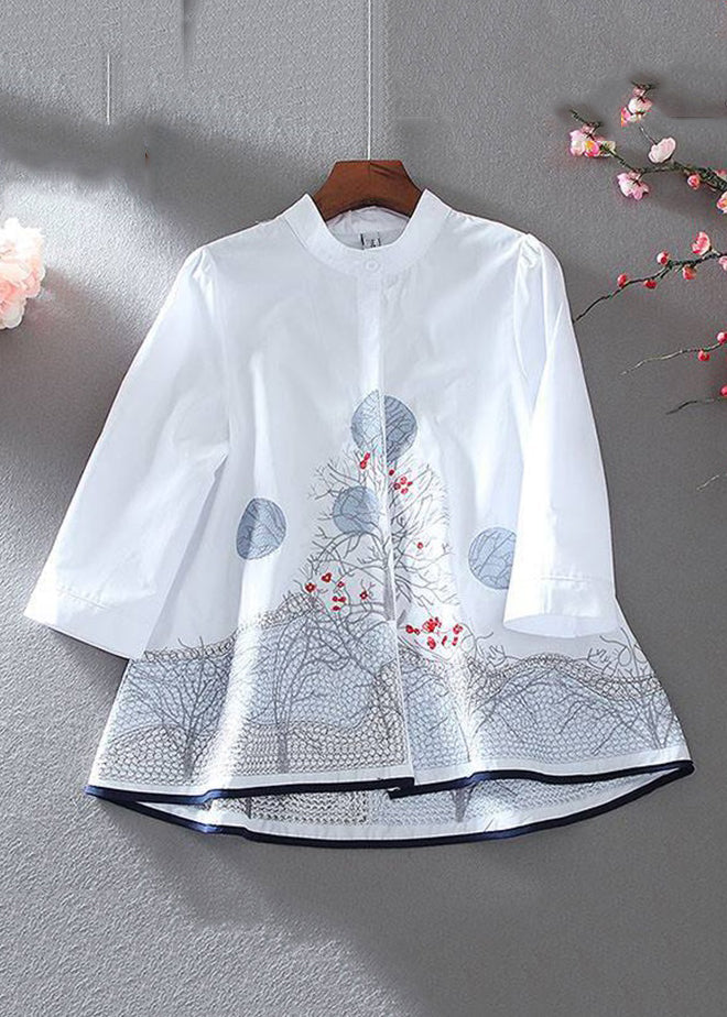 New White Embroidered Button Cotton Shirt Bracelet Sleeve VV020 HS-HTP240627