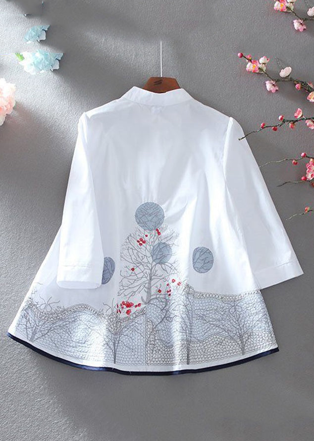 New White Embroidered Button Cotton Shirt Bracelet Sleeve VV020 HS-HTP240627