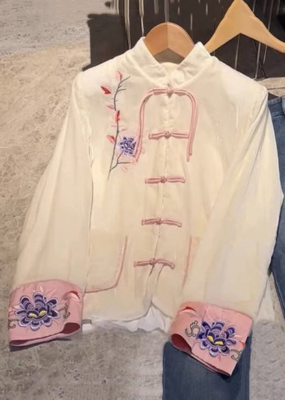 New White Embroidered Button Silk Shirt Long Sleeve QA1009 Ada Fashion