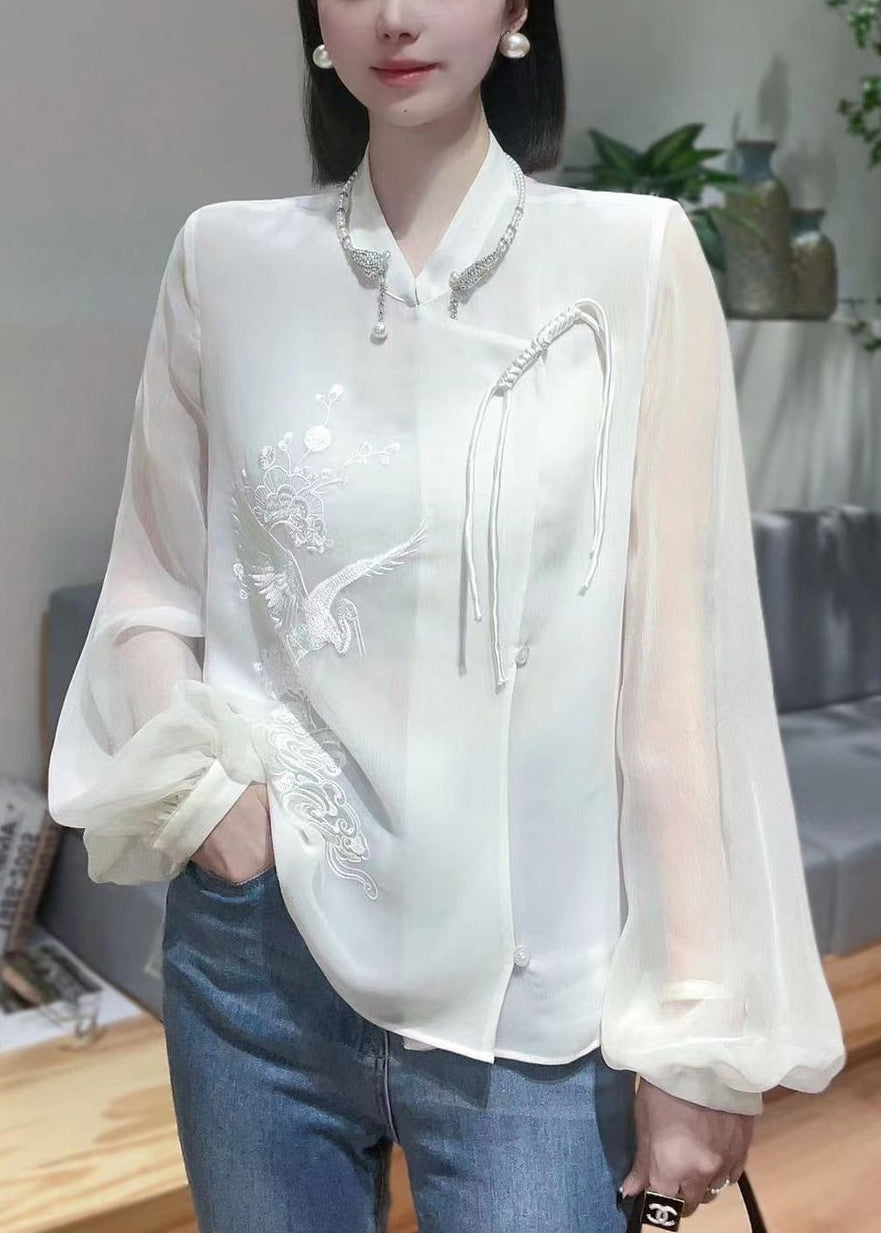 New White Embroidered Chinese Button Chiffon Shirt Spring Ada Fashion