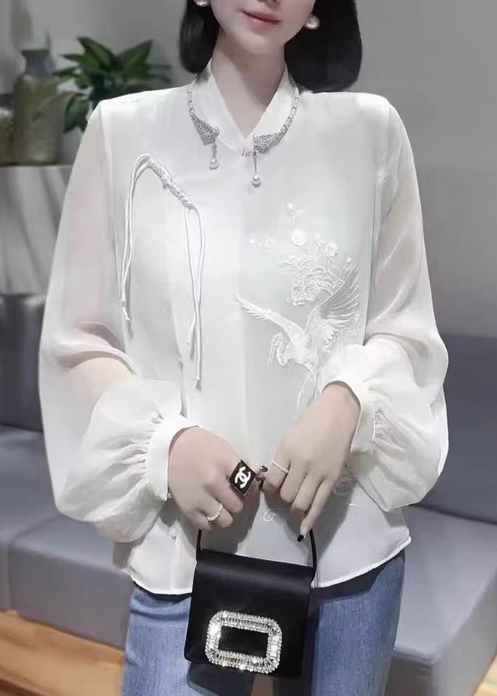 New White Embroidered Chinese Button Chiffon Shirt Spring Ada Fashion