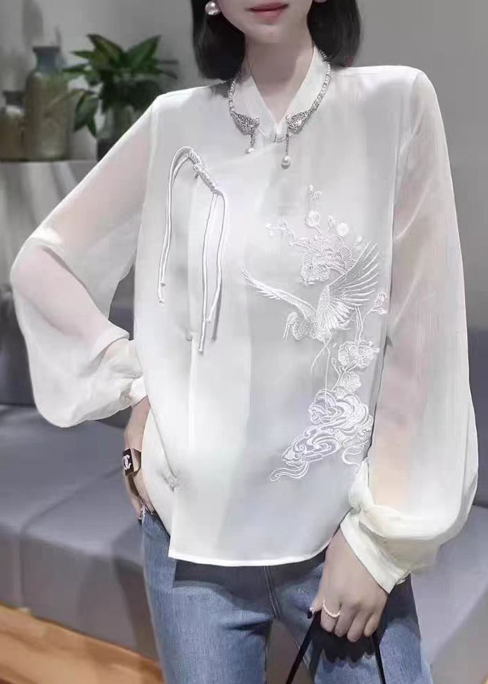 New White Embroidered Chinese Button Chiffon Shirt Spring Ada Fashion