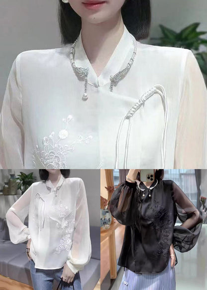 New White Embroidered Chinese Button Chiffon Shirt Spring Ada Fashion