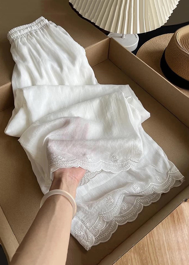 Elastic White Embroidered Linen Pants New Thin Summer Waist FashionChic