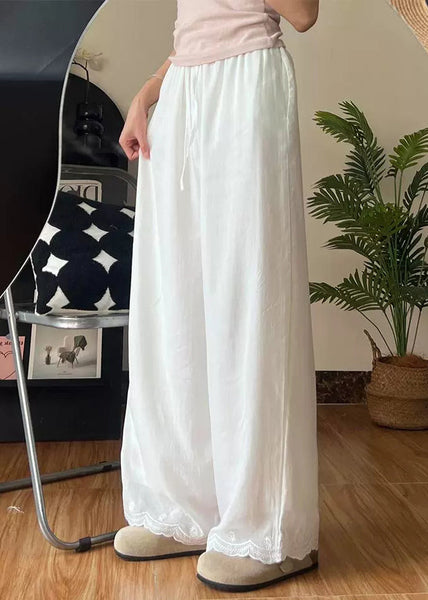 Elastic White Embroidered Linen Pants New Thin Summer Waist FashionChic