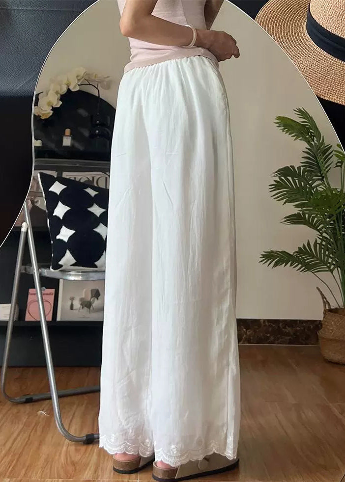 Elastic White Embroidered Linen Pants New Thin Summer Waist FashionChic