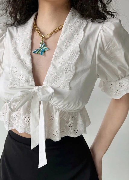 Summer White Embroidered Out Hollow Lace Up New Cotton Shirt FashionChic