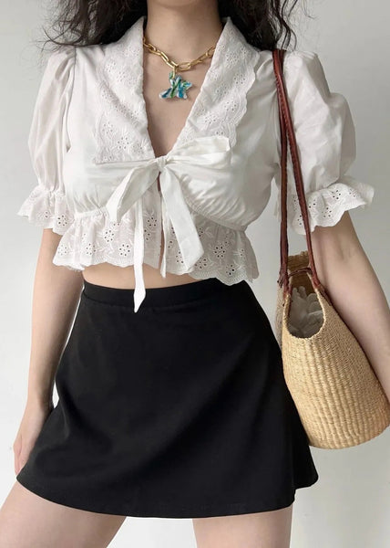 Summer White Embroidered Out Hollow Lace Up New Cotton Shirt FashionChic
