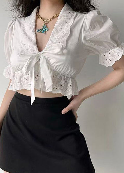 Summer White Embroidered Out Hollow Lace Up New Cotton Shirt FashionChic