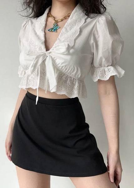 Summer White Embroidered Out Hollow Lace Up New Cotton Shirt FashionChic