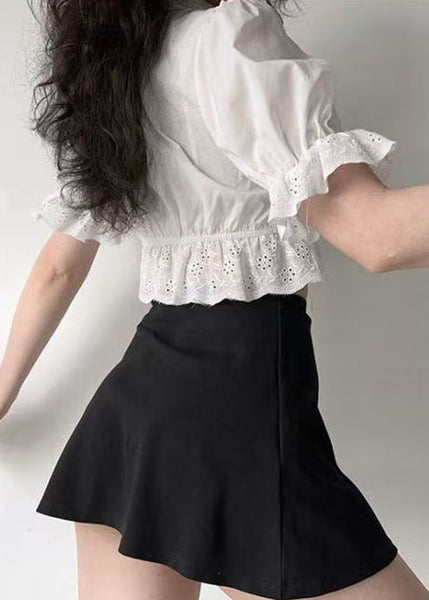 Summer White Embroidered Out Hollow Lace Up New Cotton Shirt FashionChic