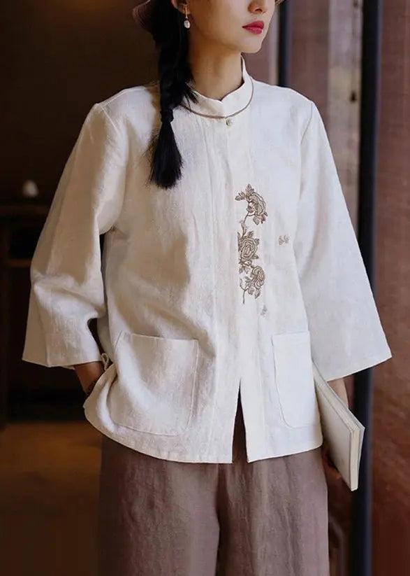New White Embroidered Pockets Linen Shirt Long Sleeve Ada Fashion