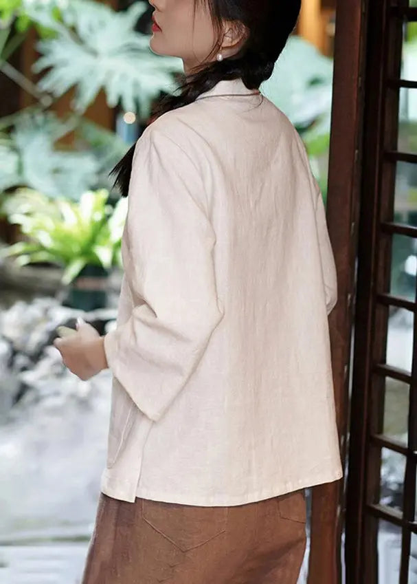 New White Embroidered Pockets Linen Shirt Long Sleeve Ada Fashion