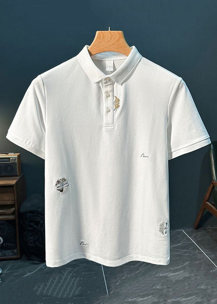 Mens Polo New Shirts Cotton Solid Button Embroideried White FashionChic