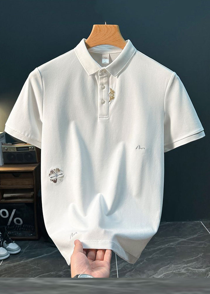 Mens Polo New Shirts Cotton Solid Button Embroideried White FashionChic