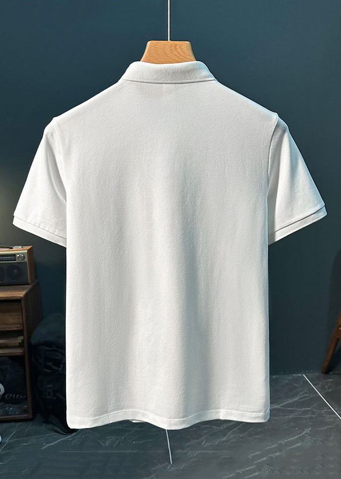 Mens Polo New Shirts Cotton Solid Button Embroideried White FashionChic
