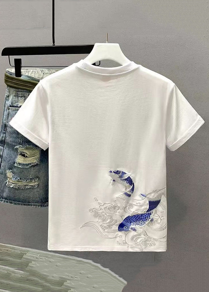 New White Embroideried Cozy Solid Cotton Mens T Shirts Summer LK065 Men-Silk-MENT240630